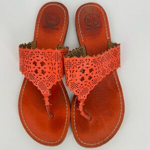 Tory Burch Roselle Orange Leather Lasercut Thong Slip On Sandals Womens 7.5